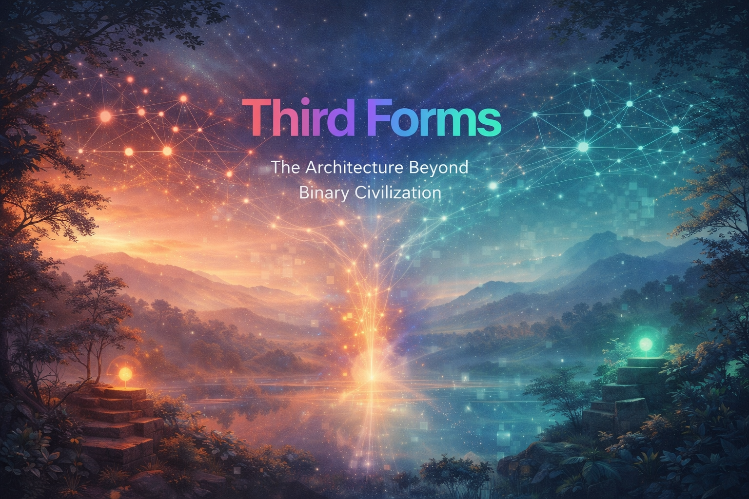 Chromatic ambient field visual representing the transition from binary systems to third forms